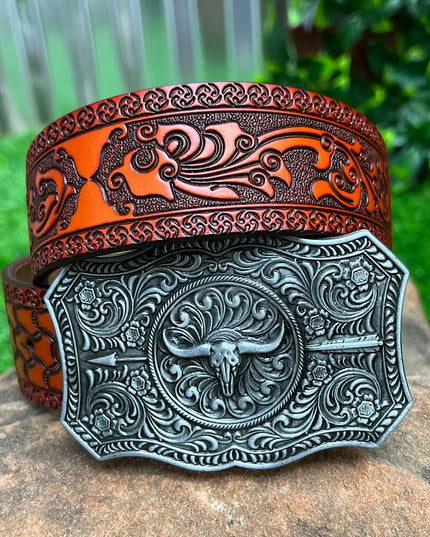 DEMASK STENCIL PRINT ON RED TONE BELT WITH LONGHORN ARROWN