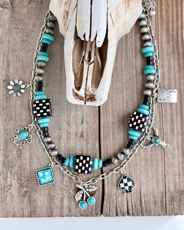 2 Layered Western Charm & Navajo Pearl Bead Choker Necklace