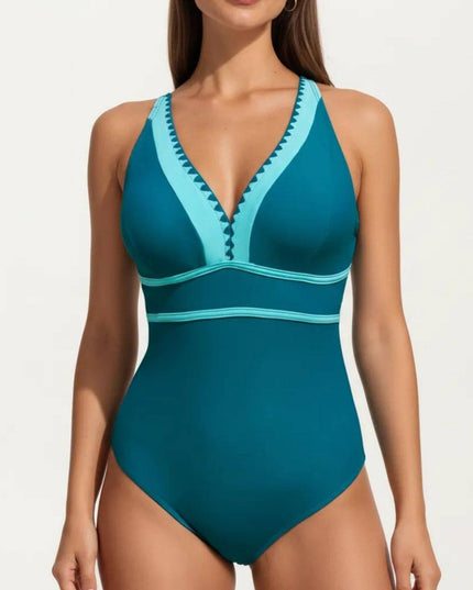 One Piece Swimsuit with Deep V Neck Contrast Trim and Sculpted Waist Design