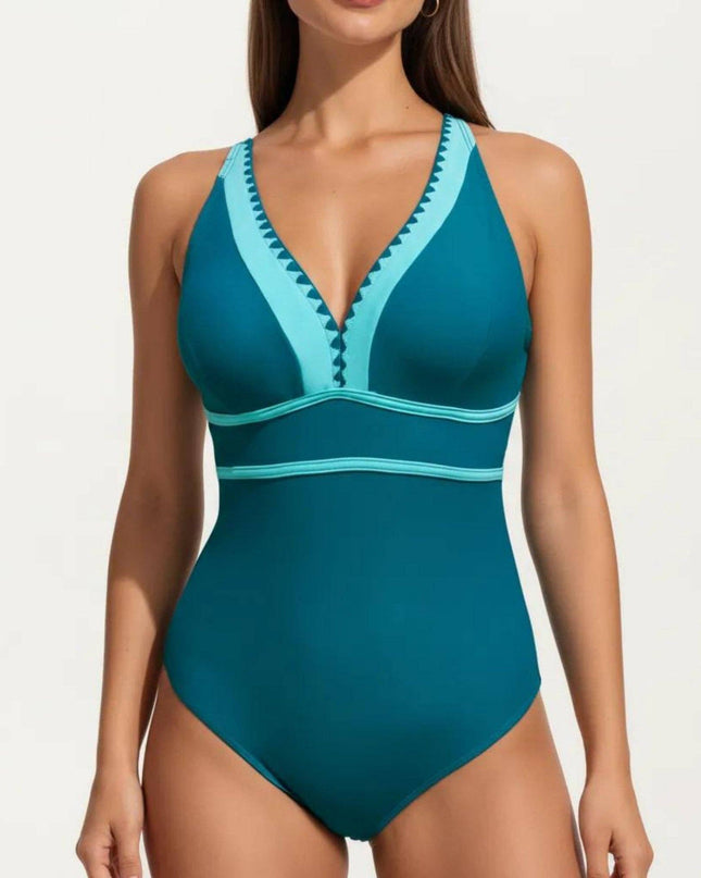 One Piece Swimsuit with Deep V Neck Contrast Trim and Sculpted Waist Design