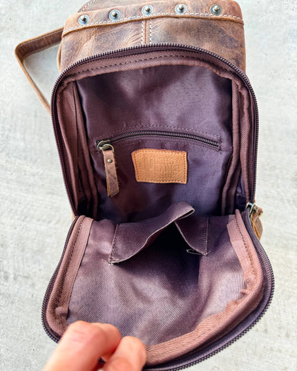 Western Cowhide Leather Sling Bag - travel bag chest bag