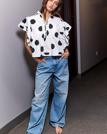 IT2337 Ruffle Sleeves Pintuck Detail Polka Dot Print top
