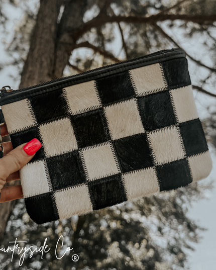 Stockyard Checkered Cowhide Wristlet Pouch