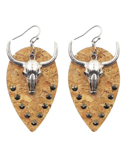 Western Style Metal Bull Head Pendant Leather Earrings