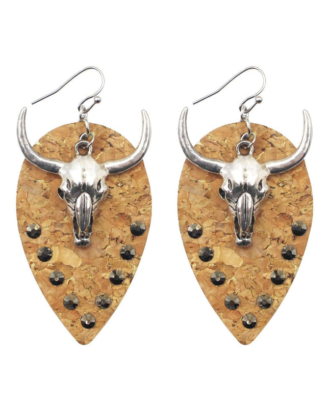 Western Style Metal Bull Head Pendant Leather Earrings