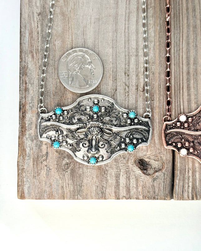 Western Style Longhorn Turquoise Stone Pendant Necklace