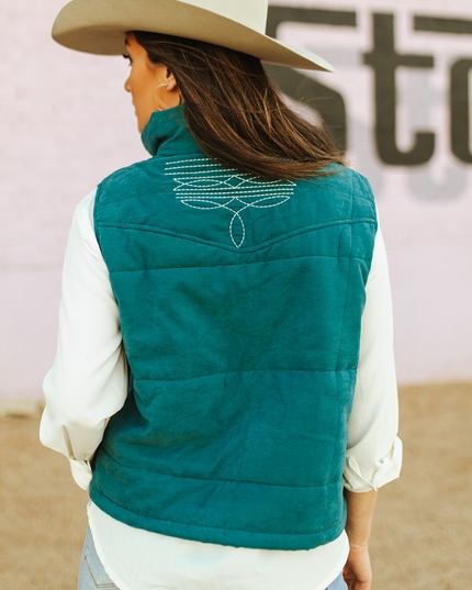 Teal Puffer W Aztec Lining Boot Stitch Detail Vest