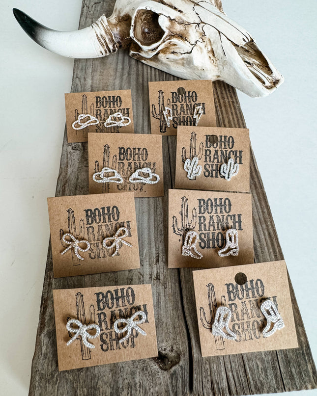 Western cut out paved Stud earrings - cowboy boots hat bow 