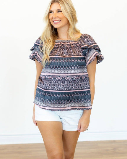 Mixed Print Peasant Blouse