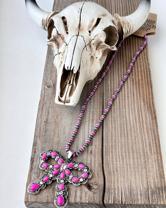 Western Style Coquette Bow Stone Pendant Necklace
