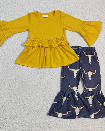 Baby Girls Cow Rufle Top Bell pants clothes sets