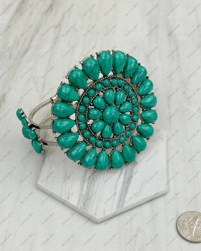 BR211230-01SILVER-GREEN                         Silver with green turquoise stone Concho Cuff Bracelet