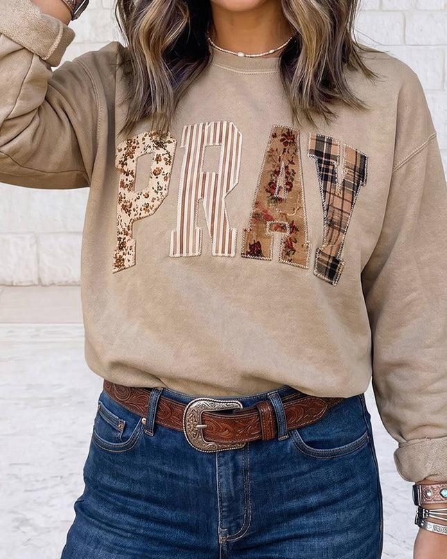 PRAY Letter Embroidered Western Pullover Sweatshirt S-4X
