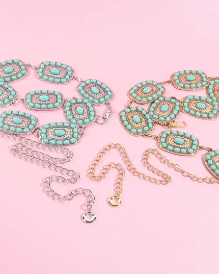 Western Turquoise Round Studded Rectangle Concho Chain Belt