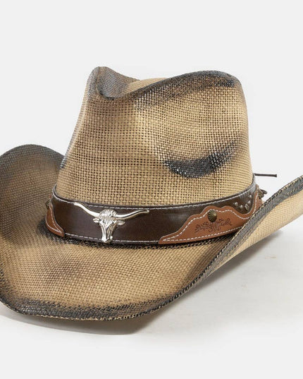 Western Long Horn Strap Trim Straw Cowboy Hat
