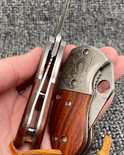 Wooden Handle Patterned Stainless Steel Foldable Knife