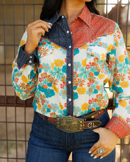 Pearl Snap, Rust Bandana Floral