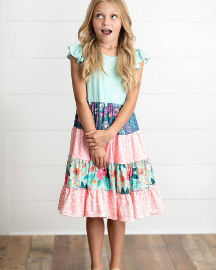 Girls Ava Mint Pink Spring Summer Easter Floral Tiered Dress
