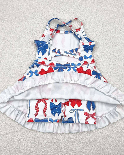 Baby Girls Strap Blue Red Bows 4th Of July Yoga Active Knee Length Dresses