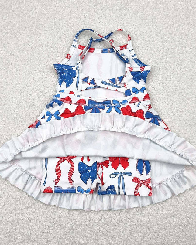 Baby Girls Strap Blue Red Bows 4th Of July Yoga Active Knee Length Dresses