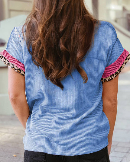 Leopard Patchwork Corded Knit Crew Neck T Shirt