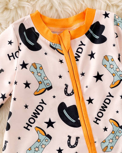 Howdy" Western printed on blue baby bodysuit . RPB50470 SOL