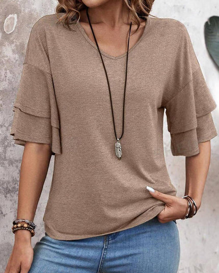 Solid Colour V-Neck Double Layer Sleeve Loose T-Shirt