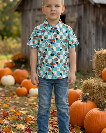 Blue Fall & checkered printed boys button up shirt. TPB60367 AMY