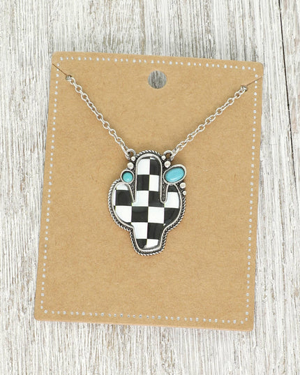 Western Checkerboard Cactus Pendant Necklace