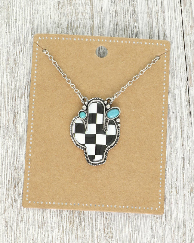 Western Checkerboard Cactus Pendant Necklace