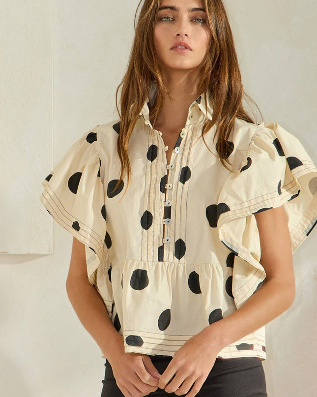 IT2337 Ruffle Sleeves Pintuck Detail Polka Dot Print top