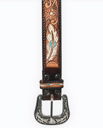 LC-ADBLF209 Tooled Leather Western Belt with White Feathers, Turquoise Accents & Floral Design