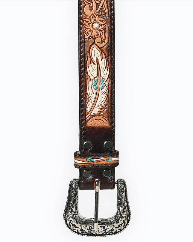 LC-ADBLF209 Tooled Leather Western Belt with White Feathers, Turquoise Accents & Floral Design