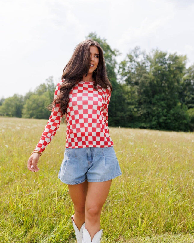 Red Checkerboard Mesh Top