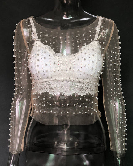 Pearl rhinestone sheer mesh see through top