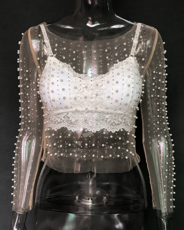 Pearl rhinestone sheer mesh see through top
