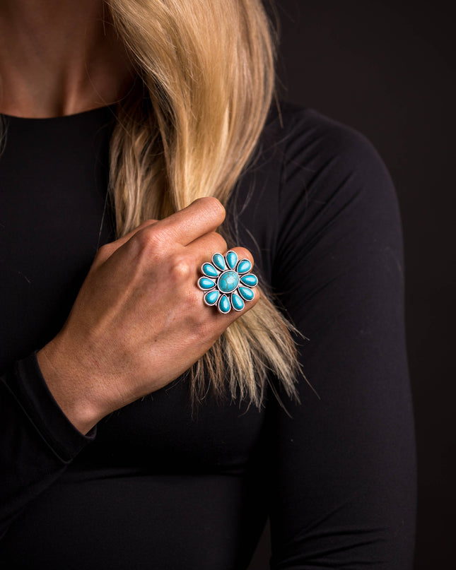 Adjustable Turquoise Flower Cluster Ring