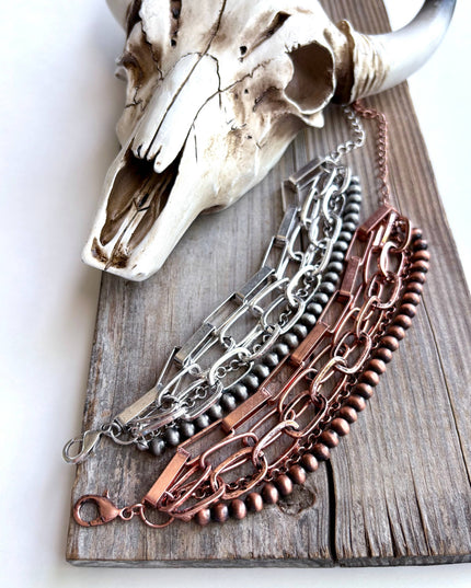 5 Layered Western Chunky Chain & Navajo Style Pearl Bracelet