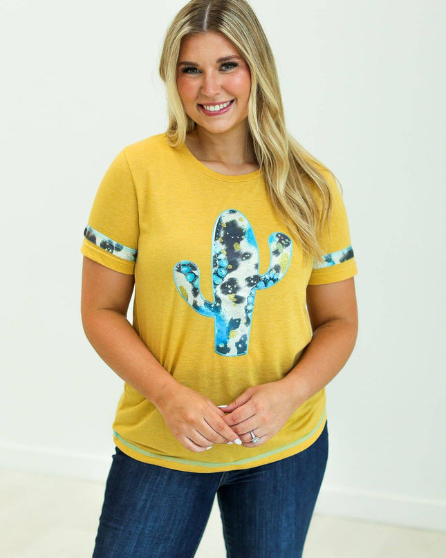Cactus and Turquoise on Mustard Tee with Cowprint