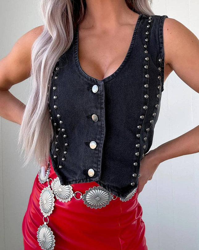 Studded Button-Front Denim Vest