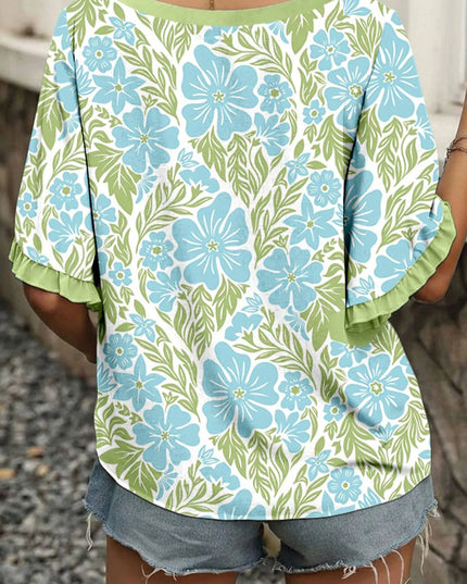 Sky Blue Floral Ruffle Sleeve Boho Blouse