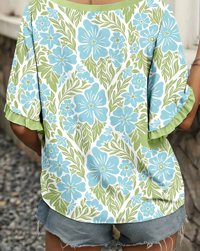 Sky Blue Floral Ruffle Sleeve Boho Blouse