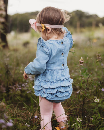 Baby Girls Light Wash Denim Long Sleeve Flutter Bubble Romper