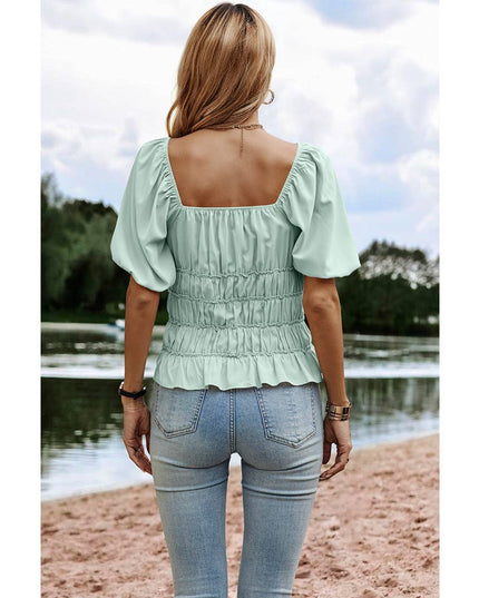 Solid Square Neck Shirred Flounce Sleeve Peplum Blouse