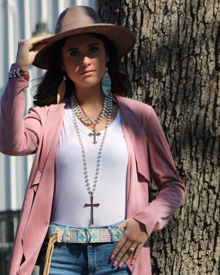 Pearl and Copper Beaded Collar Necklace with Copper Cross