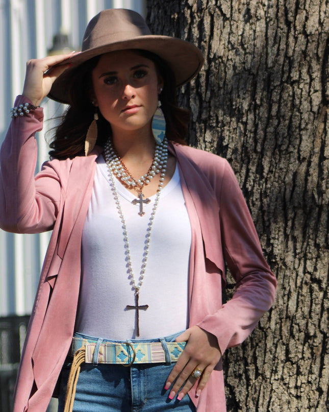 Pearl and Copper Beaded Collar Necklace with Copper Cross