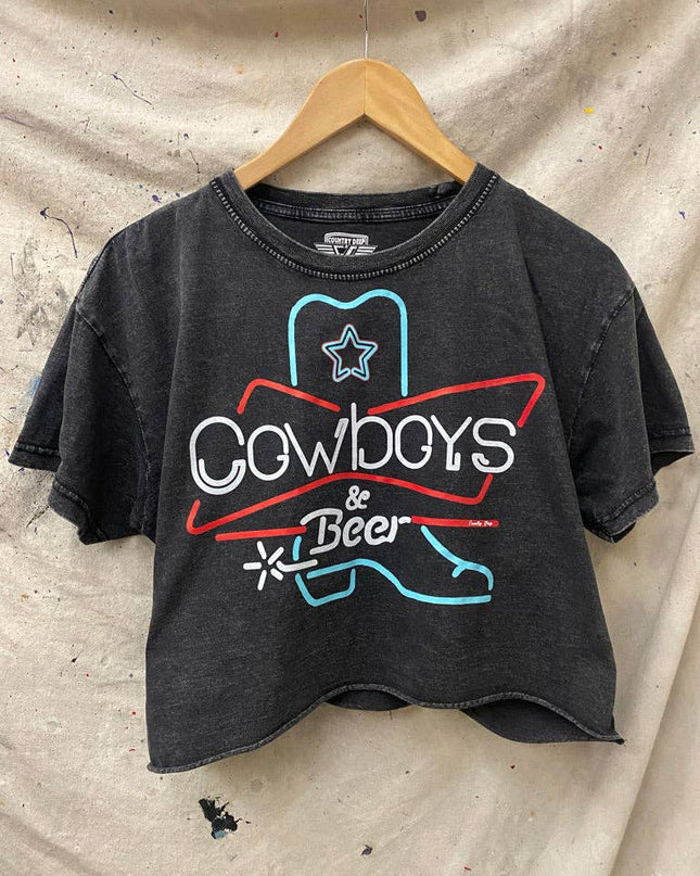 Cowboys & Beer Neon Boot Relaxed Cropped Acid wash T-shirt