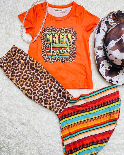 XCH0333-4H MAMA tried leopard top bell bottom girls sets