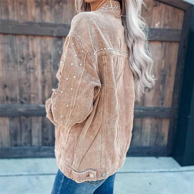 Stylish Corduroy Short Jacket With Rivets For Casual Wear