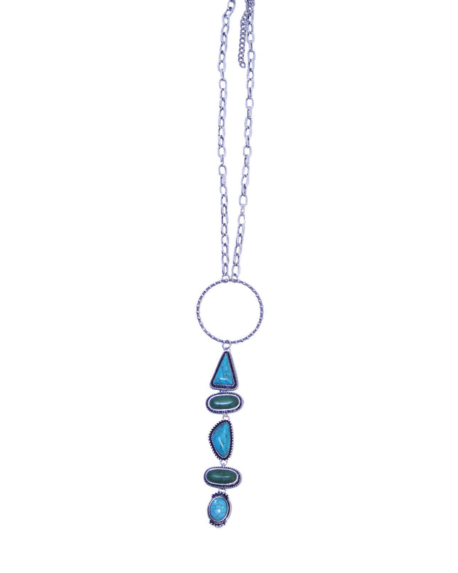20" Silver  Chain Necklace with Ring and Turquoise and Green